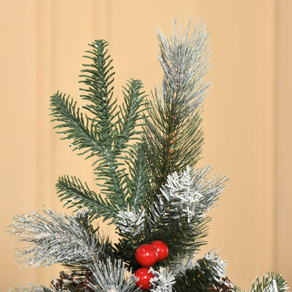 5FT Artificial Snow Dipped Christmas Tree Xmas Pencil Tree with Foldable Feet Red Berries White Pinecones