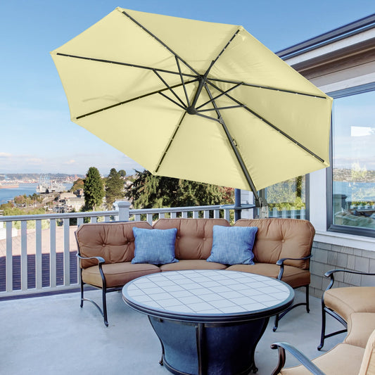 3M LED Cantilever Parasol Garden Sun Umbrella w/ Base and Solar Lights Beige