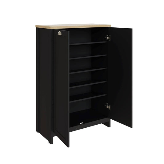 Lancaster Tall Shoe Storage Black & Oak 2 Doors 6 Shelves