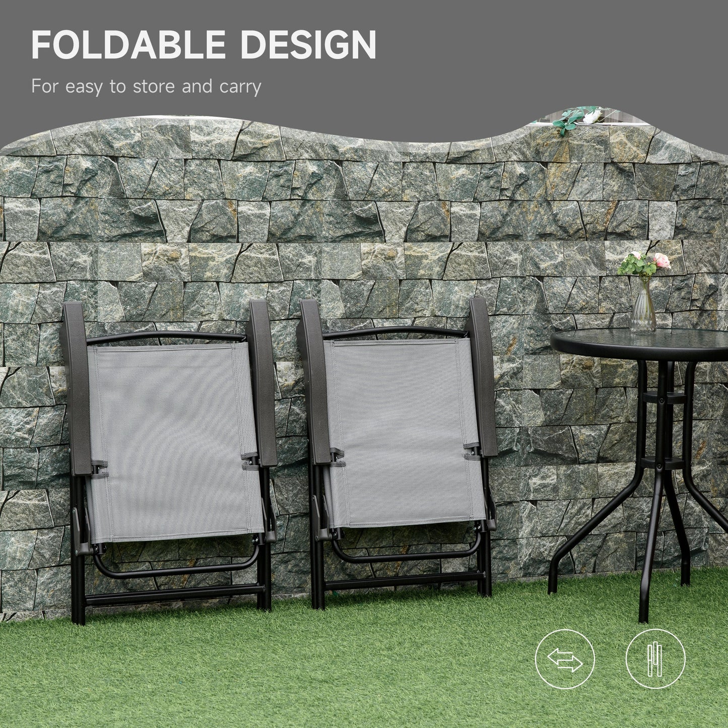 3-Piece Patio Furniture Bistro Set 2 Folding Chairs 1 Tempered Glass Table Adjustable Backrest - Grey