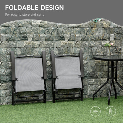 3-Piece Patio Furniture Bistro Set 2 Folding Chairs 1 Tempered Glass Table Adjustable Backrest - Grey