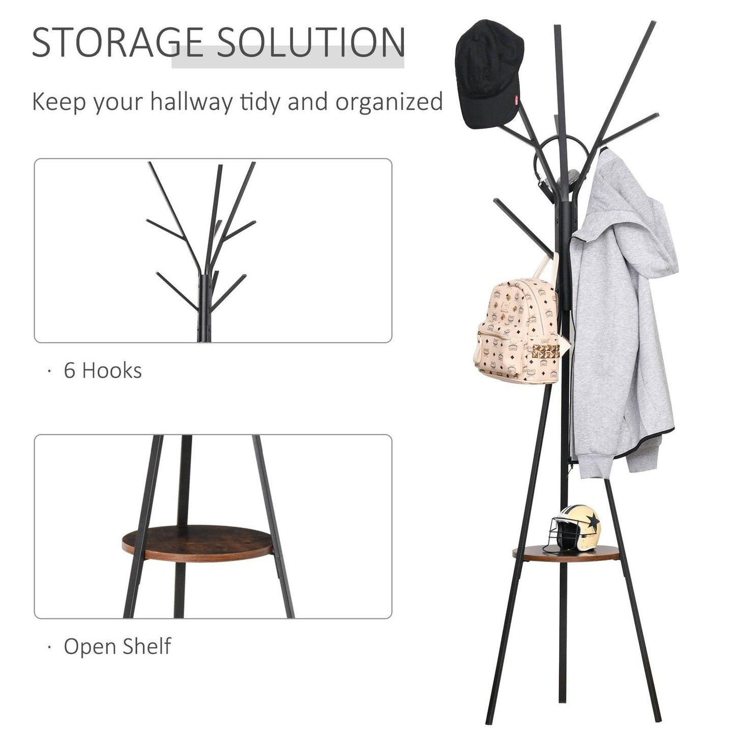 Free Standing Metal Coat Rack Stand 9 Hooks With Shelf In Brown