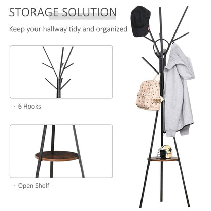 Free Standing Metal Coat Rack Stand 9 Hooks With Shelf In Brown
