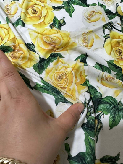 Yellow Floral Rose Pattern Fabric – Multiple Fabric Options, Sold by Metre