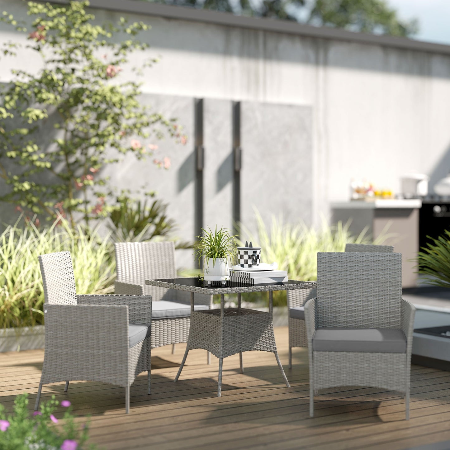 Outsunny Rattan Outdoor Dining Table and Chairs for 4, Light Grey