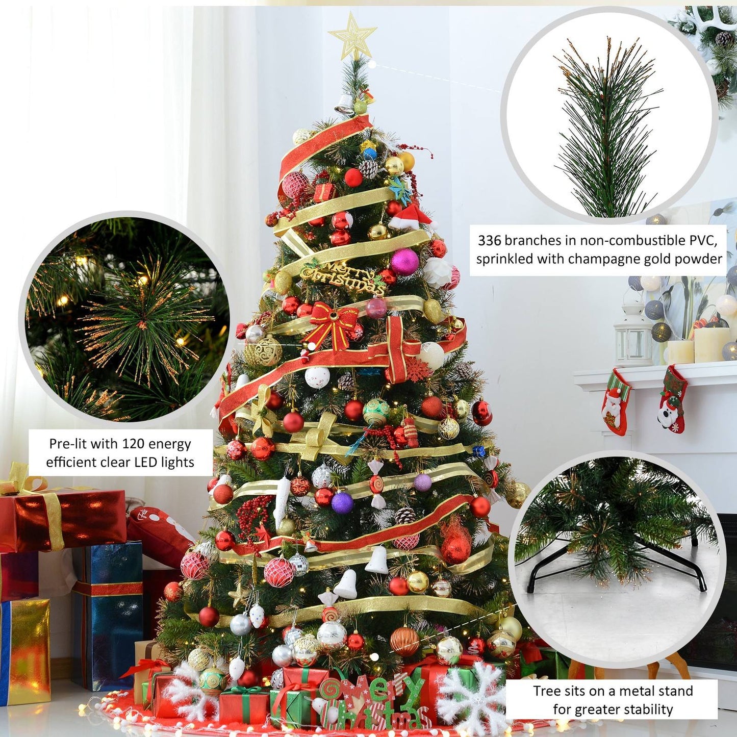 5FT Pre-Lit Christmas Tree Artificial Spruce Xmas Tree Warm White LED Holiday Décor with Metal Stand Green