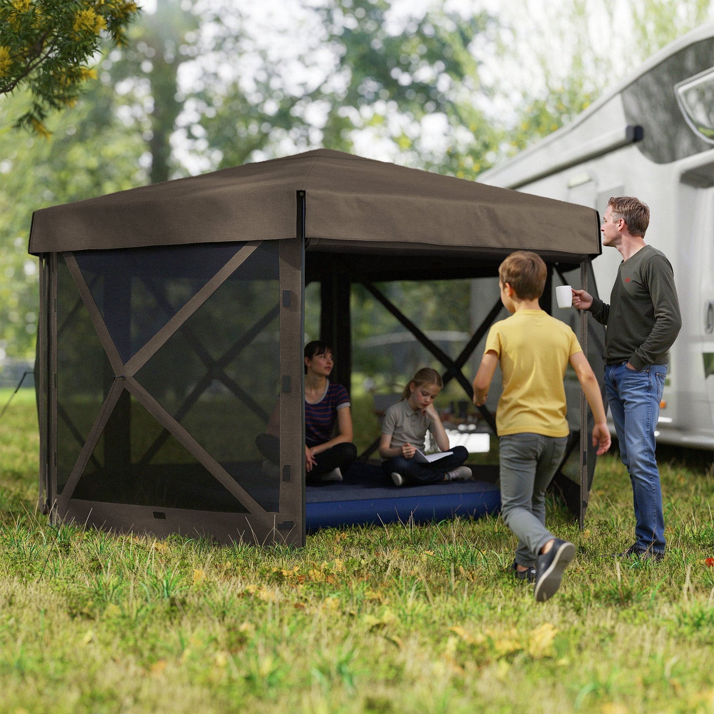Outsunny 3 x 3(m) Hexagon Pop Up Gazebo with 5 Sides, Netting, Brown
