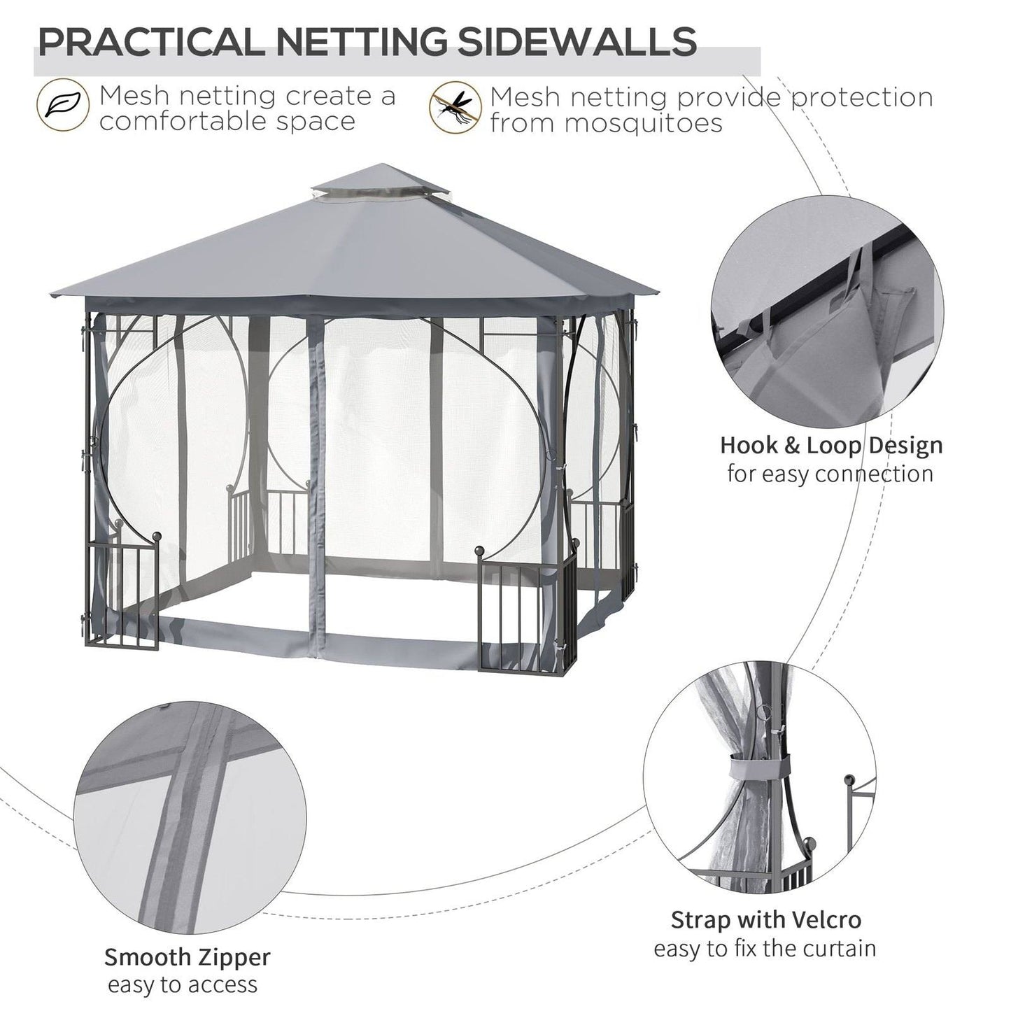 3 x 3M Garden Gazebo Patio Party Tent Shelter Outdoor Canopy Double Tier Sun Shade Metal Frame Netting Light Grey