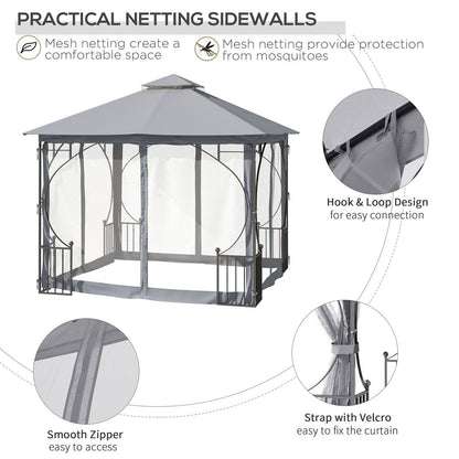3 x 3M Garden Gazebo Patio Party Tent Shelter Outdoor Canopy Double Tier Sun Shade Metal Frame Netting Light Grey
