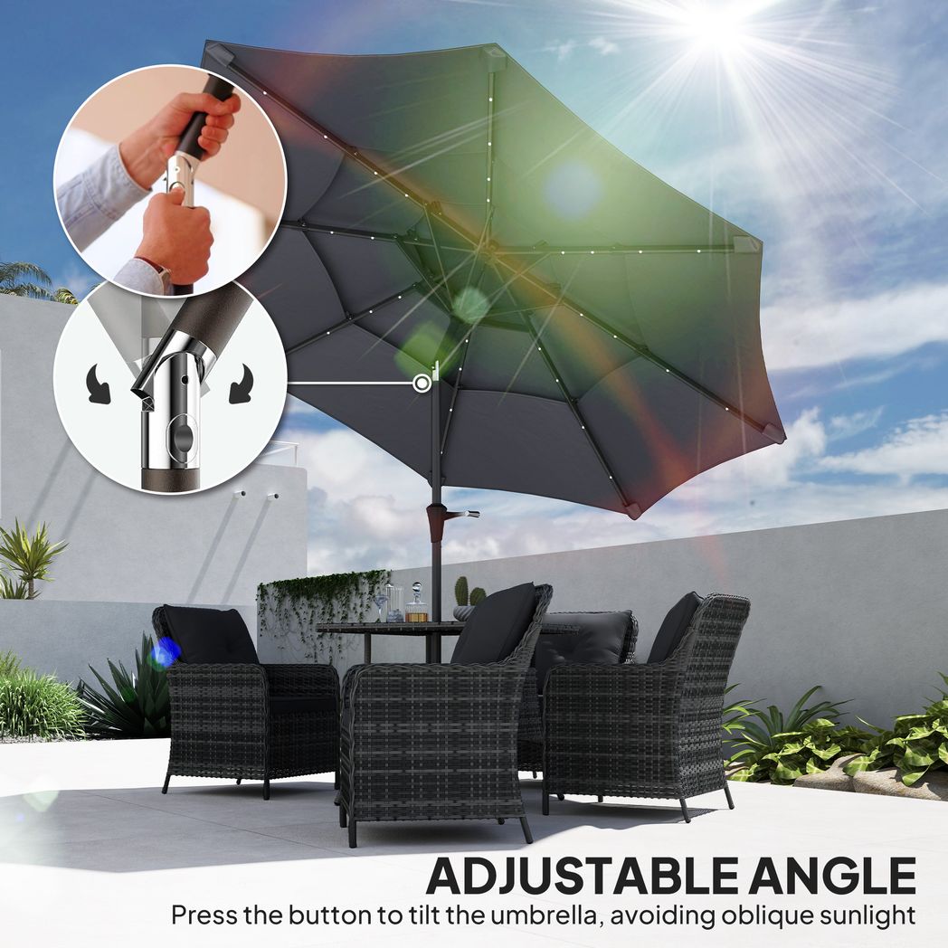 Outsunny 3-Tier Garden Parasol w/ Solar LED Lights, Tilt, Crank Handle