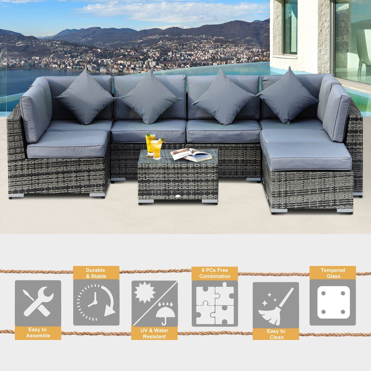 8-Pieces PE Rattan Corner Sofa Set with Thick Cushions