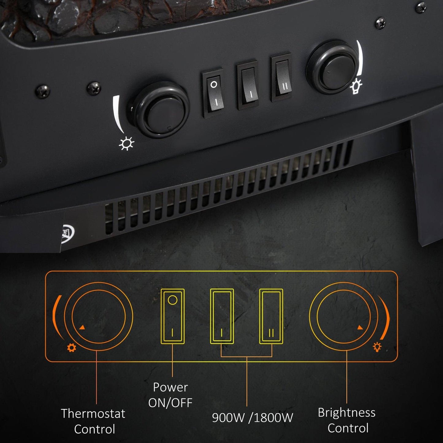 900W/1800W Tempered Glass Electric Fireplace Heater-Black
