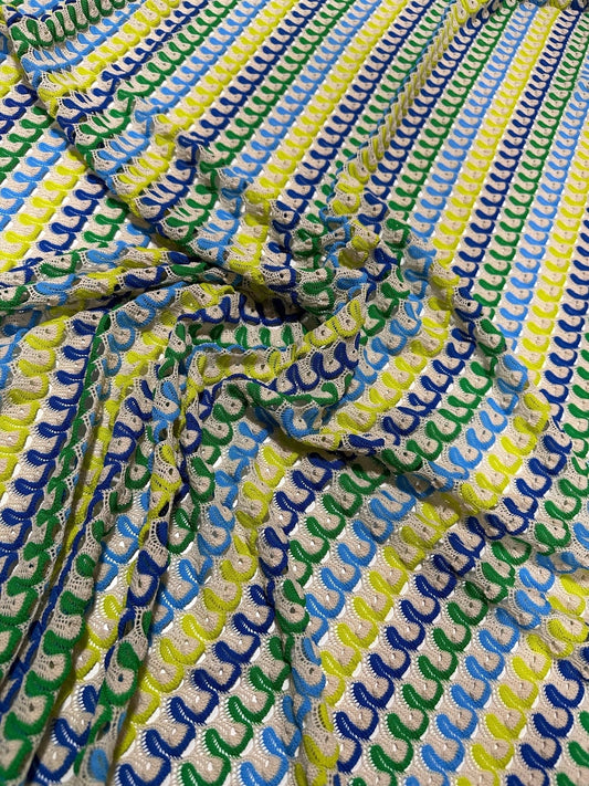 Luxury Zigzag Knit Jersey Fabric in Blue Yellow and Green Chevron Pattern