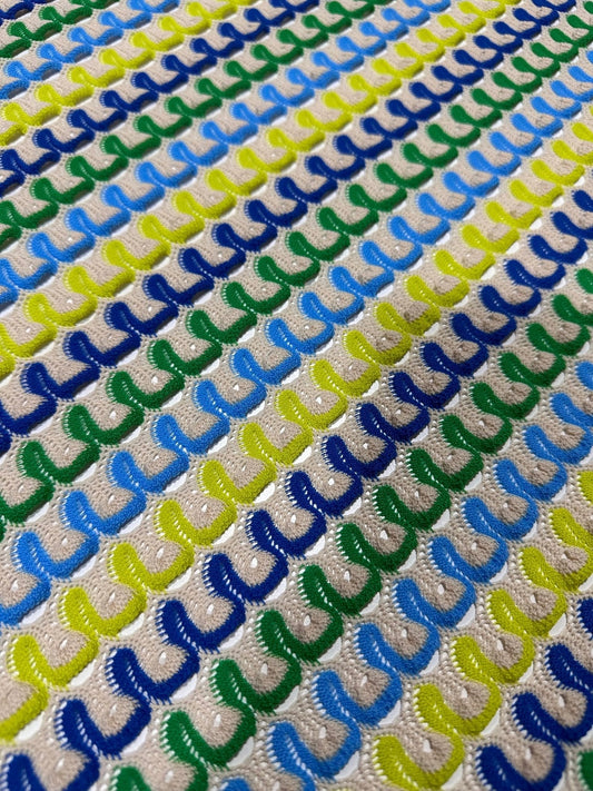 Luxury Zigzag Knit Jersey Fabric in Blue Yellow and Green Chevron Pattern