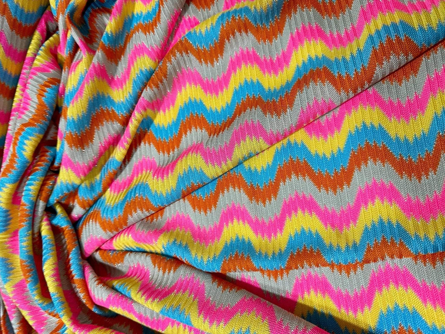 Luxury Zigzag Knit Jersey Fabric in Pink Blue Chevron Design