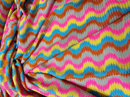 Luxury Zigzag Knit Jersey Fabric in Pink Blue Chevron Design