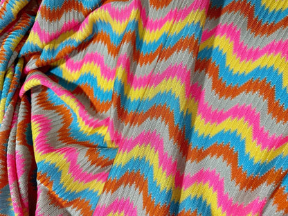 Luxury Zigzag Knit Jersey Fabric in Pink Blue Chevron Design