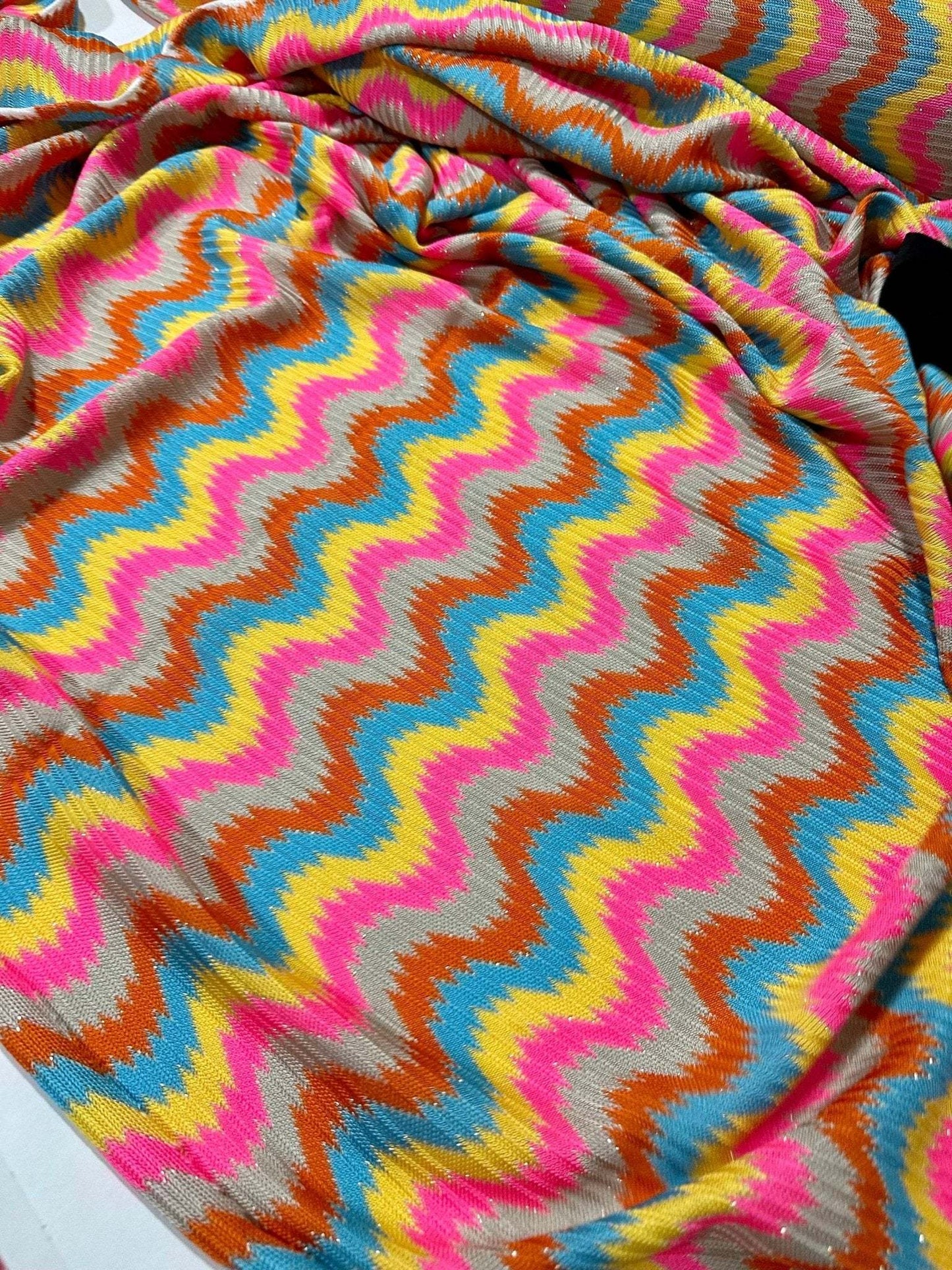 Luxury Zigzag Knit Jersey Fabric in Pink Blue Chevron Design