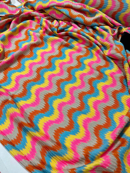 Luxury Zigzag Knit Jersey Fabric in Pink Blue Chevron Design