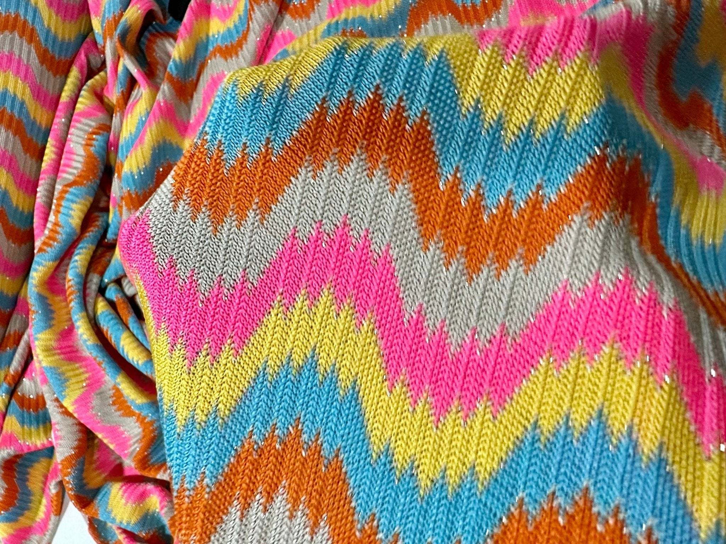 Luxury Zigzag Knit Jersey Fabric in Pink Blue Chevron Design