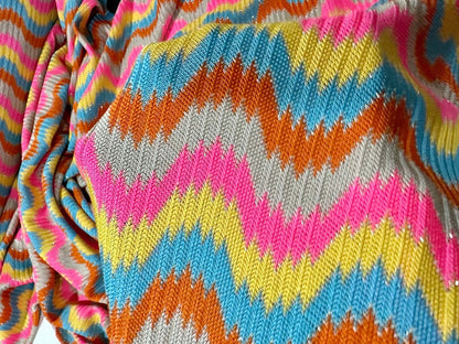 Luxury Zigzag Knit Jersey Fabric in Pink Blue Chevron Design