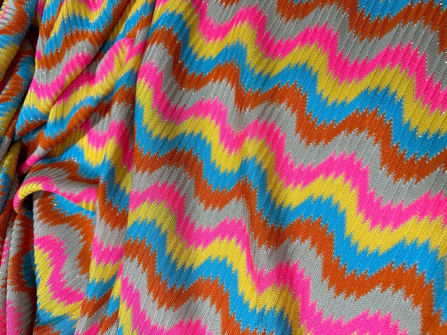 Luxury Zigzag Knit Jersey Fabric in Pink Blue Chevron Design