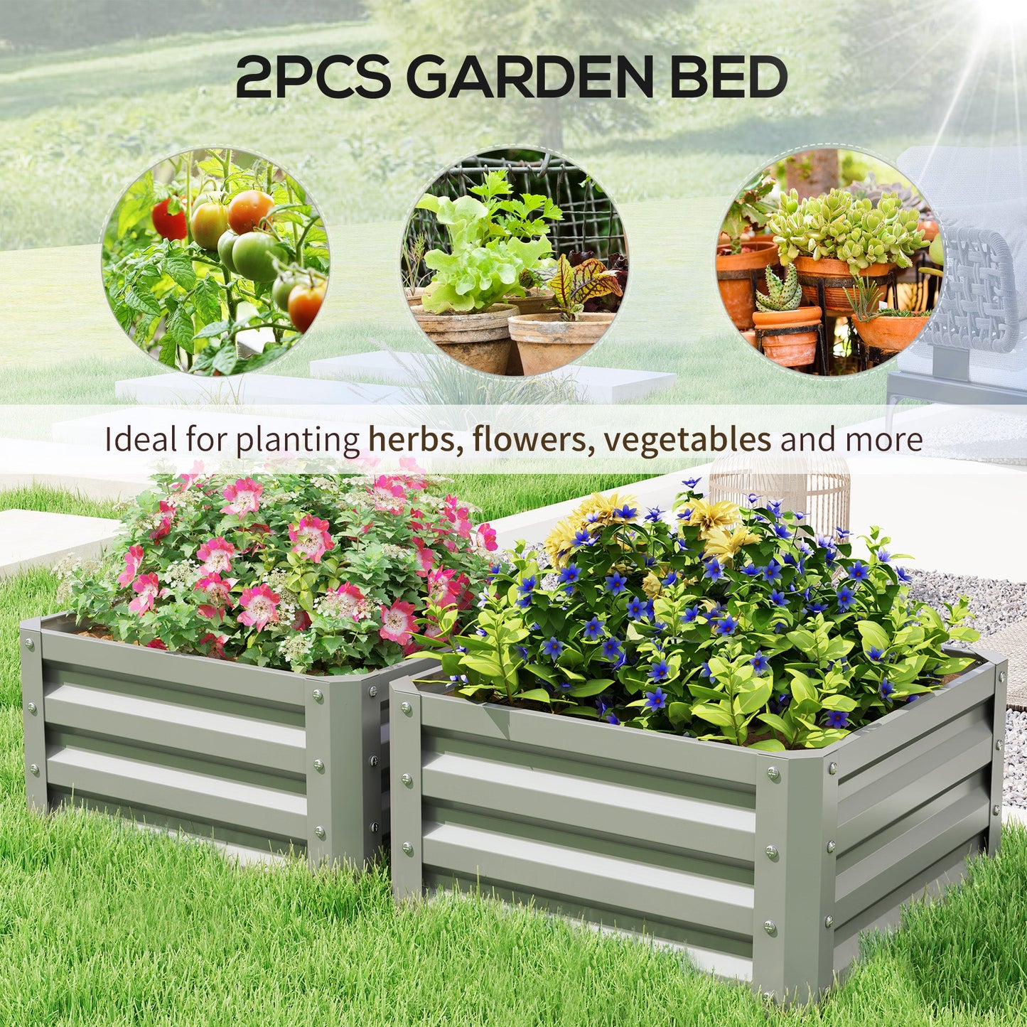 Outsunny Set of 2 Raised Garden Bed Galvanised Planter Box, Light Grey