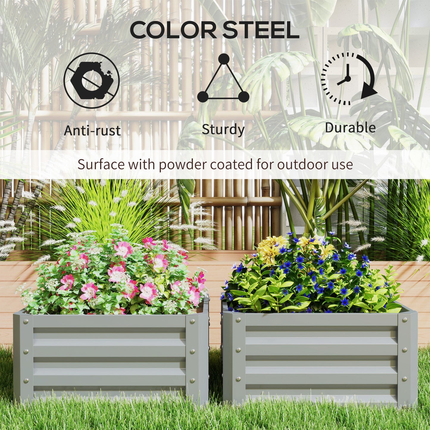 Outsunny Set of 2 Raised Garden Bed Galvanised Planter Box, Light Grey